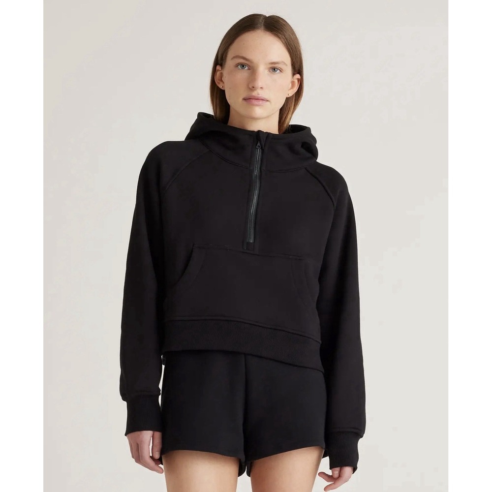 Quince Organic Heavyweight Fleece Cropped Half Zip Hoodie Sweatshirt Black S